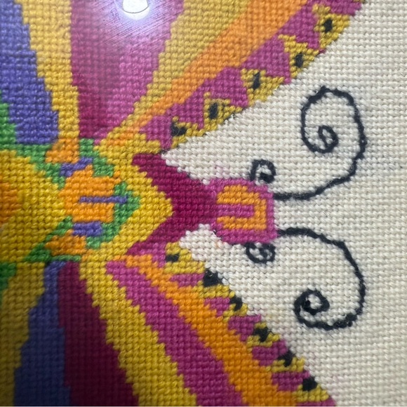 Colorful Vintage Glass Framed Butterfly Needlepoint Cross Stitch Art Large - Picture 3 of 12